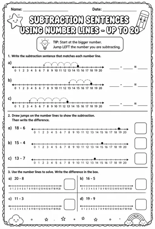 Subtraction sentences using number lines - up to 20