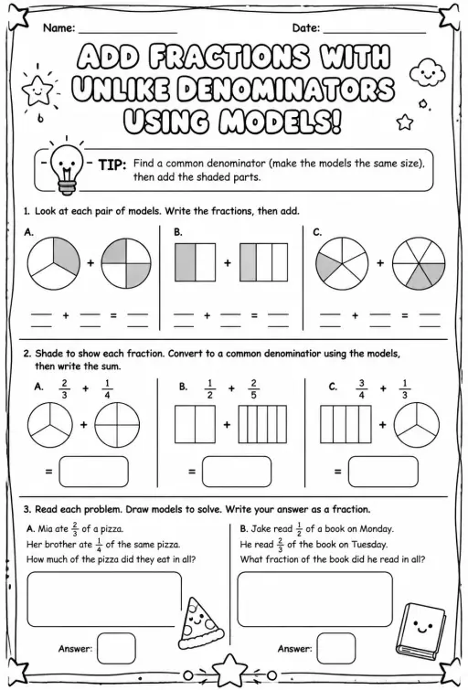 Add fractions with unlike denominators using models