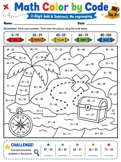 Math Color by Code: 2-Digit Add & Subtract, No regrouping