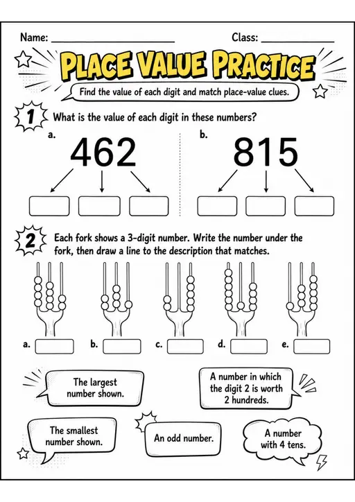 PLACE VALUE PRACTICE - Grade 3 Math Worksheet - grade 3 Labeling, matching, sorting, and classification
