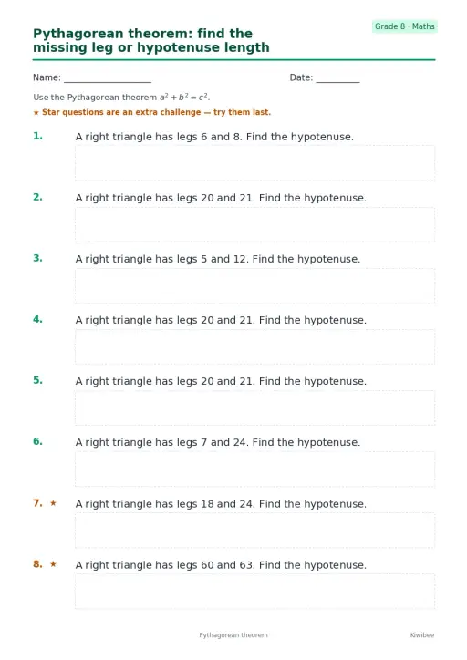 Pythagorean theorem: find the missing leg or hypotenuse length