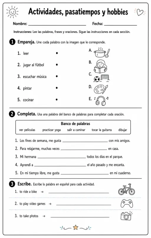 Reconocer palabras, frases o oraciones en español relacionadas con actividades de tiempo libre.