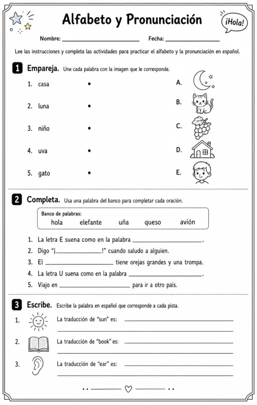 Reconocer y producir nombres de letras, sonidos y patrones de pronunciación comunes en español.