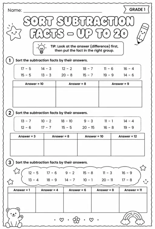 Sort subtraction facts - up to 20