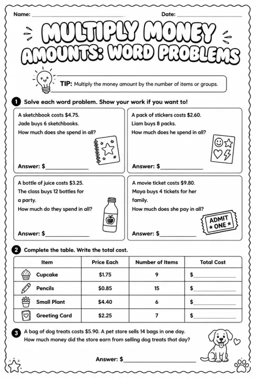 Multiply money amounts: word problems