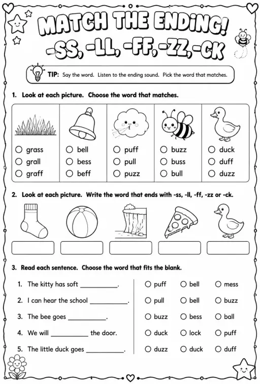 Choose the word that matches the picture: -ss, -ll, -ff, -zz, -ck