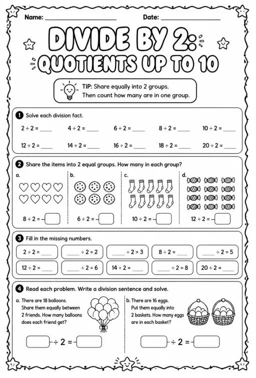 Divide by 2: quotients up to 10