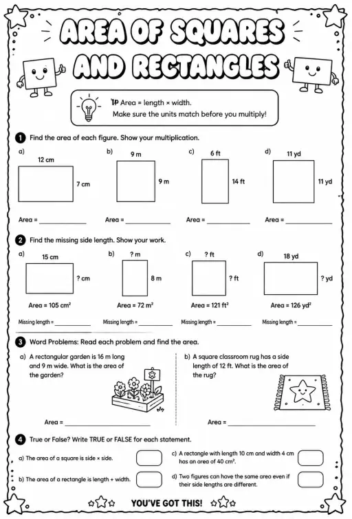 Area of squares and rectangles