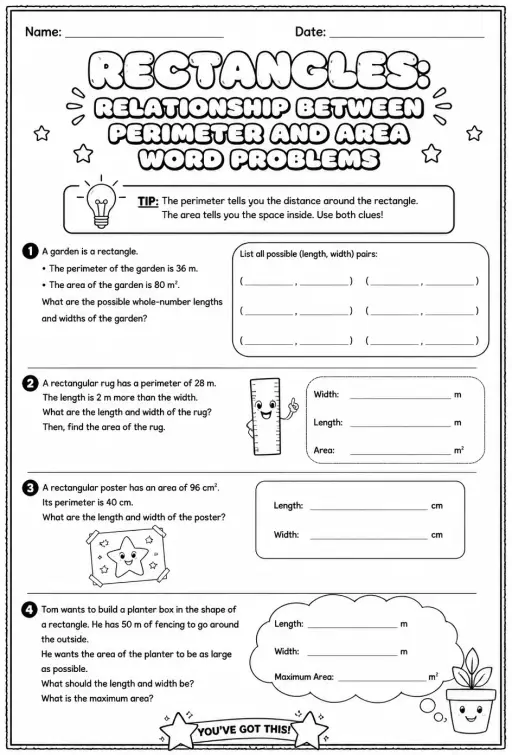 Rectangles: relationship between perimeter and area word problems