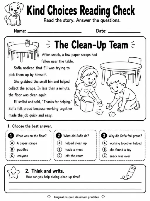 Kind Choices Reading Check: The Clean-Up Team