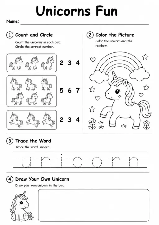 Unicorns Worksheet — Kindergarten