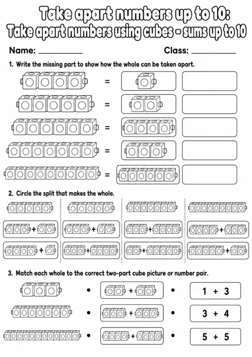Kindergarten Take Apart Numbers up to 10 Math Worksheet Pack