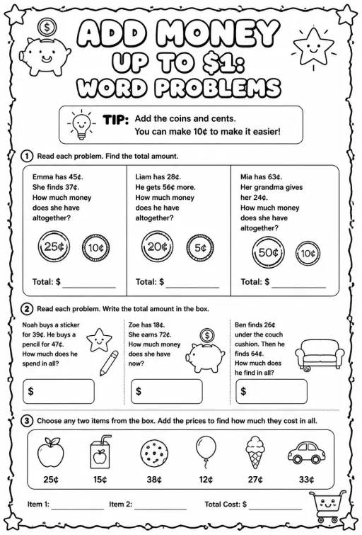 Add money up to $1: word problems