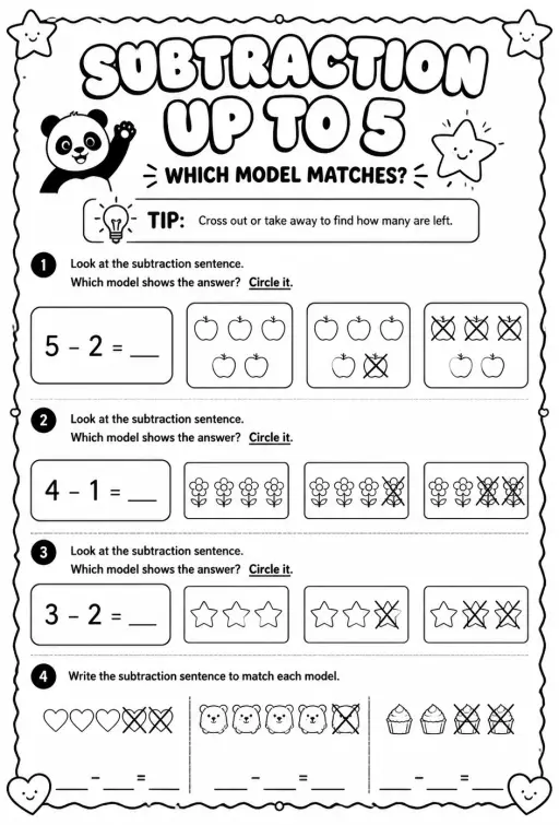 Subtraction sentences up to 5 - which model matches?