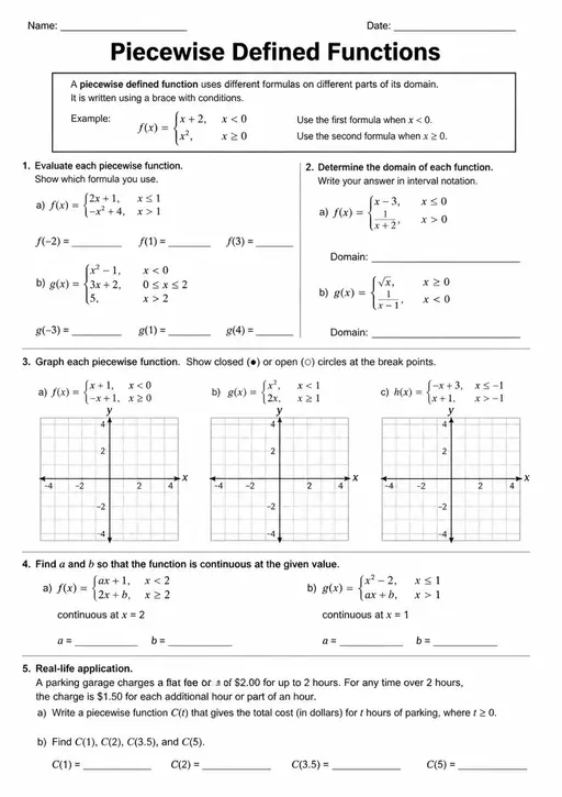Free Printable High School Math Piecewise Defined Function Worksheet
