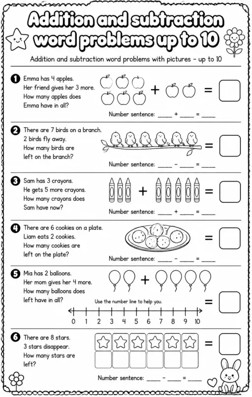 Addition and subtraction word problems with pictures - up to 10