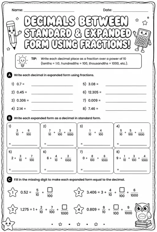 Convert decimals between standard and expanded form using fractions