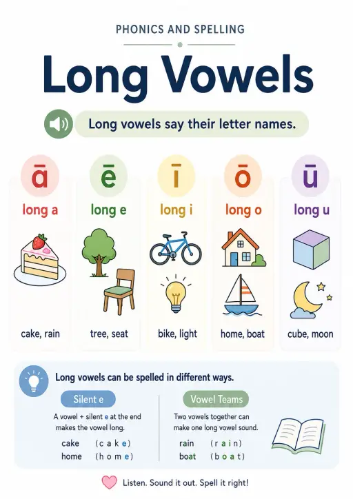 Long vowels Phonics and Spelling Infographic
