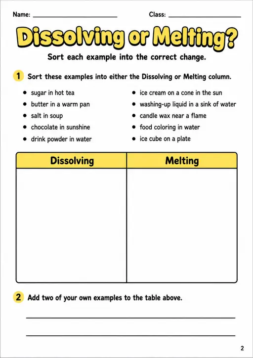 Dissolving or Melting? - Grade 3 Science Worksheet