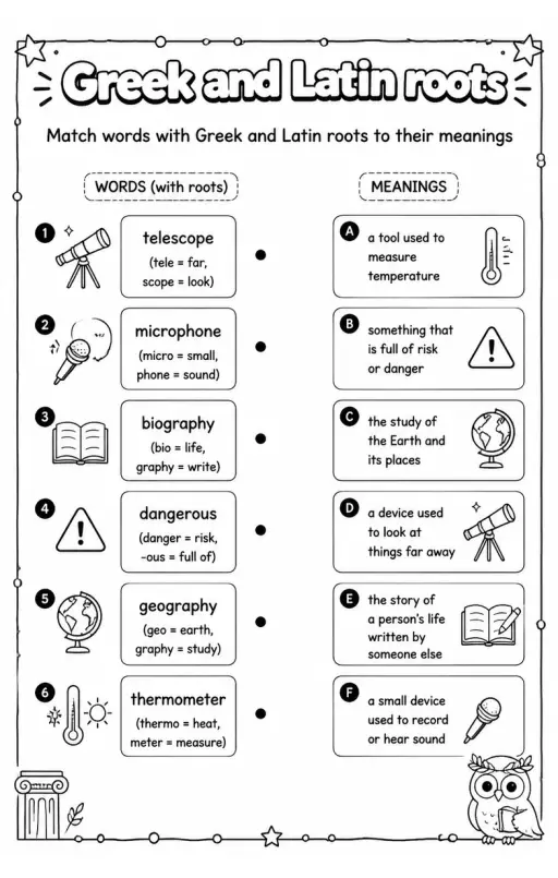 Match words with Greek and Latin roots to their meanings