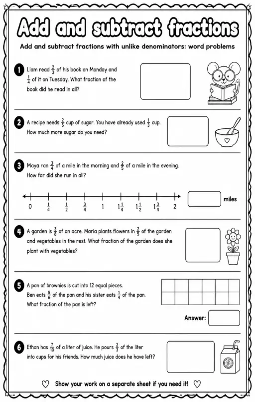 Add and subtract fractions with unlike denominators: word problems