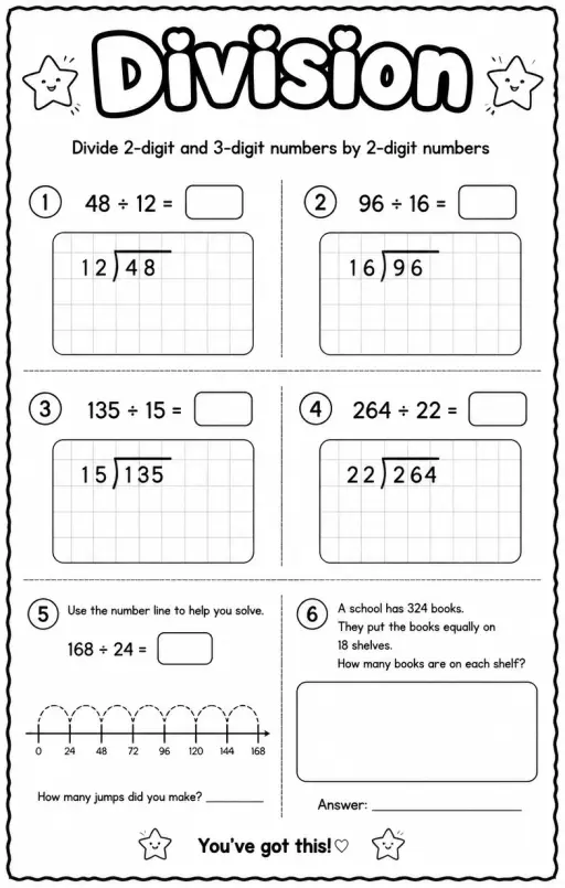 Divide 2-digit and 3-digit numbers by 2-digit numbers