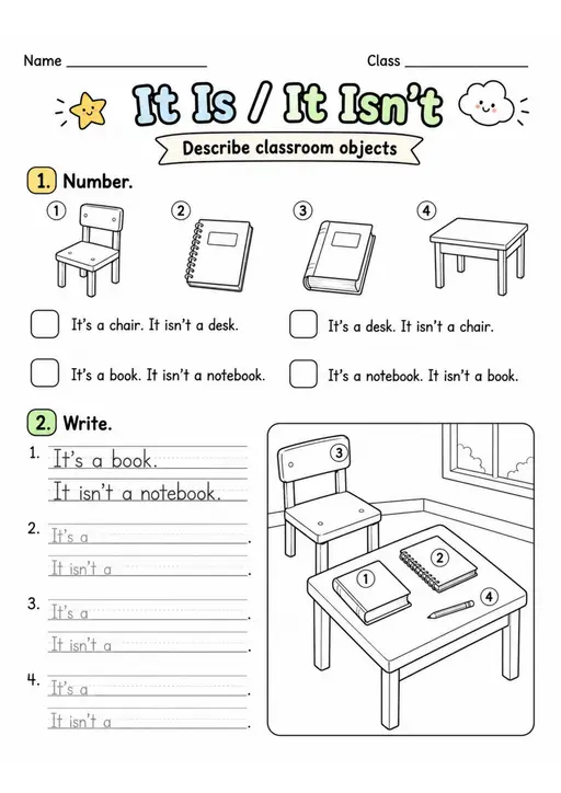 It Is / It Isn't | Grade 1 Grammar Worksheet