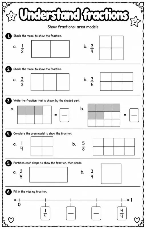 Show fractions: area models