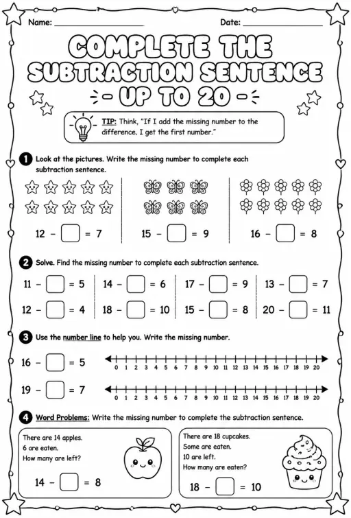 Complete the subtraction sentence - up to 20