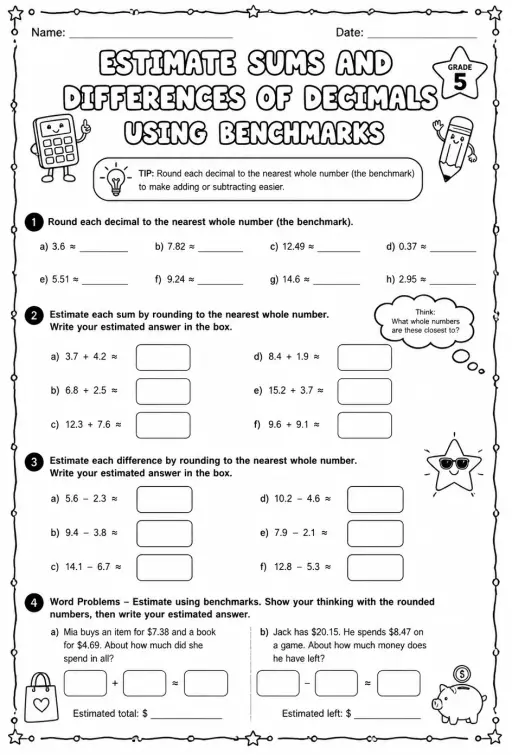 Estimate sums and differences of decimals using benchmarks