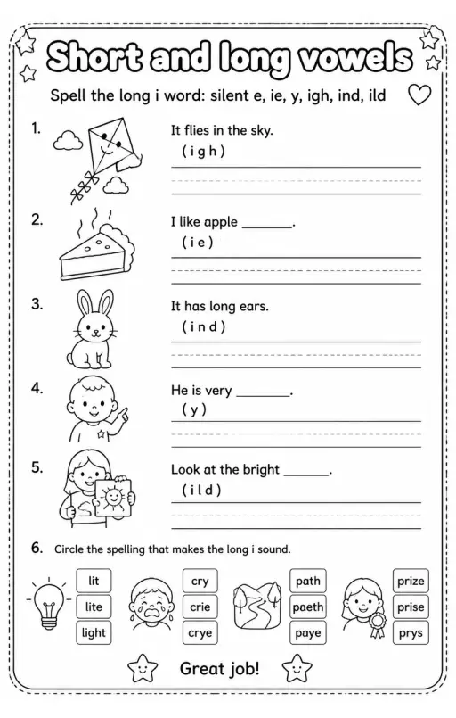 Spell the long i word: silent e, ie, y, igh, ind, ild