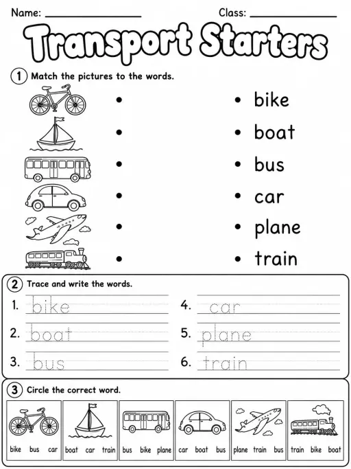 Transport Starters Vocabulary Worksheet Pack