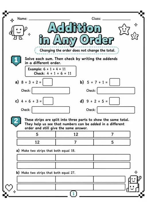 Addition in Any Order - Grade 3 Math Worksheet - grade 3 Calculations and multi-step problem solving