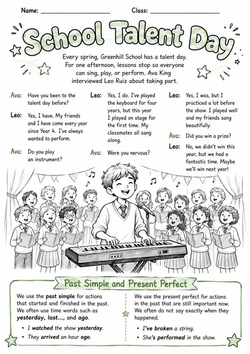 Present Perfect: School Talent Day | Grades 5-6 Grammar Worksheet