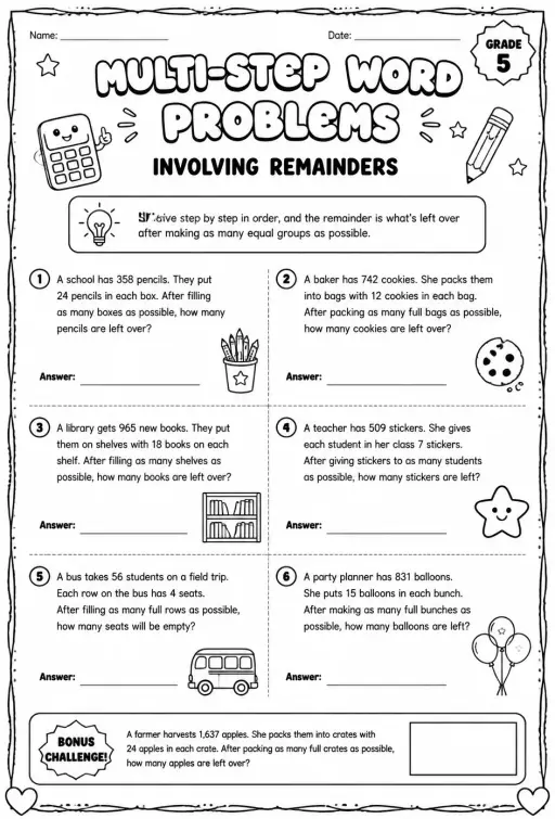 Multi-step word problems involving remainders