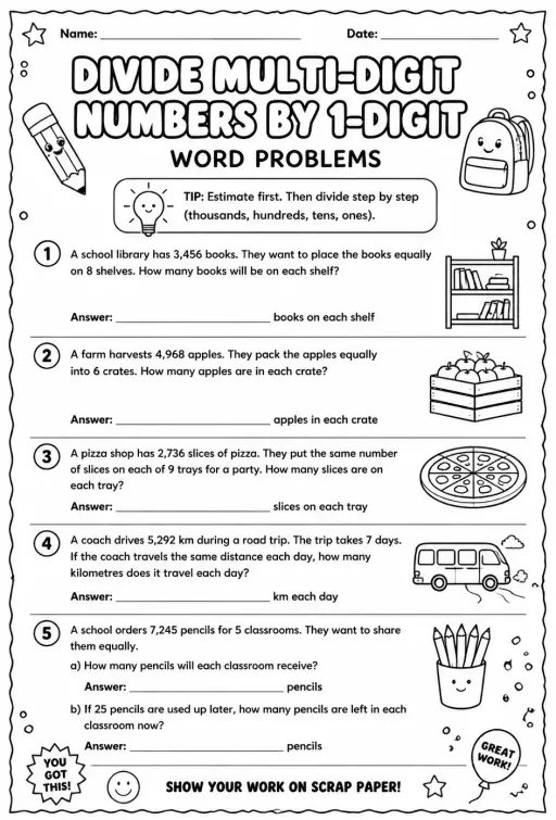 Divide multi-digit numbers by 1-digit numbers: word problems
