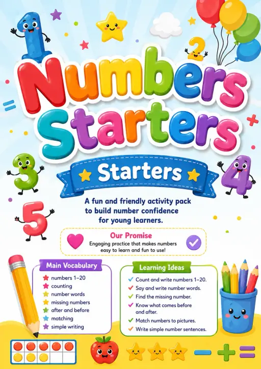 Numbers Starters Vocabulary Worksheet Pack
