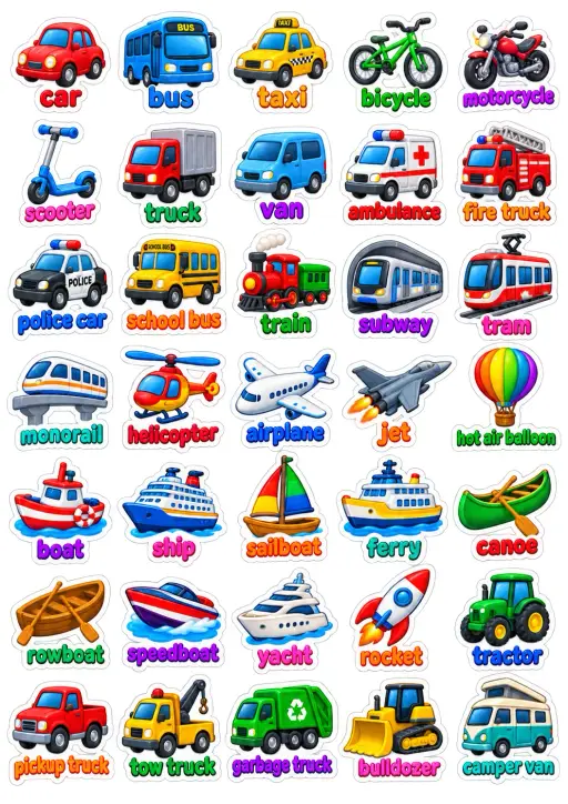 Transportation Vehicles And Modes English Vocabulary Stickers