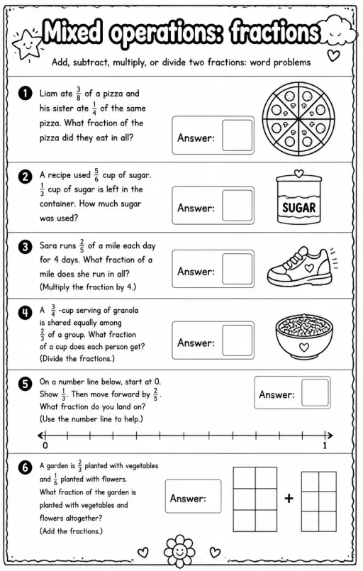 Add, subtract, multiply, or divide two fractions: word problems