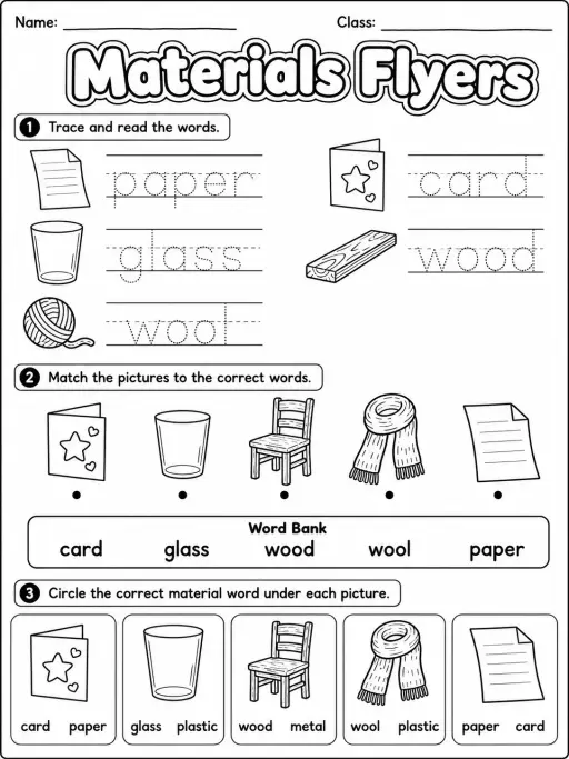 Materials Flyers Vocabulary Worksheet Pack