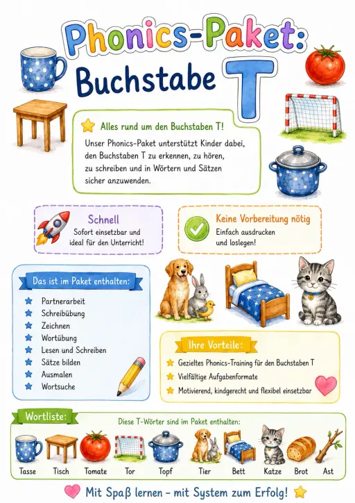 German Letter T Phonics Worksheets Pack