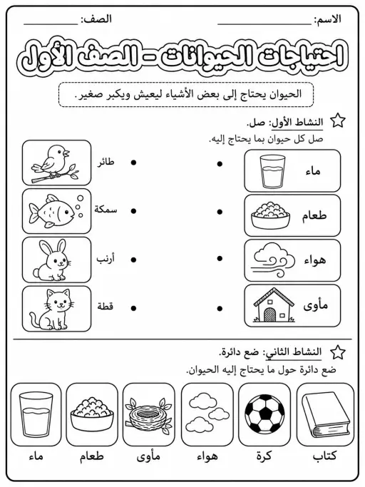 احتياجات الحيوانات - الصف الأول