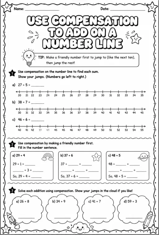 Use compensation to add on a number line - up to two digits