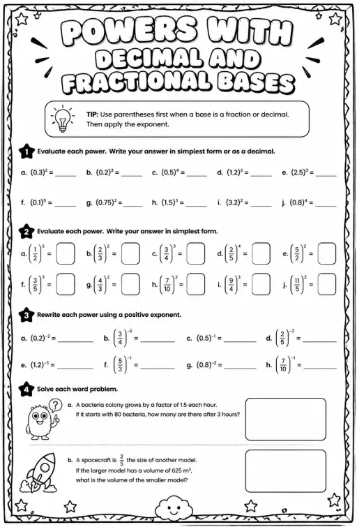 Powers with decimal and fractional bases