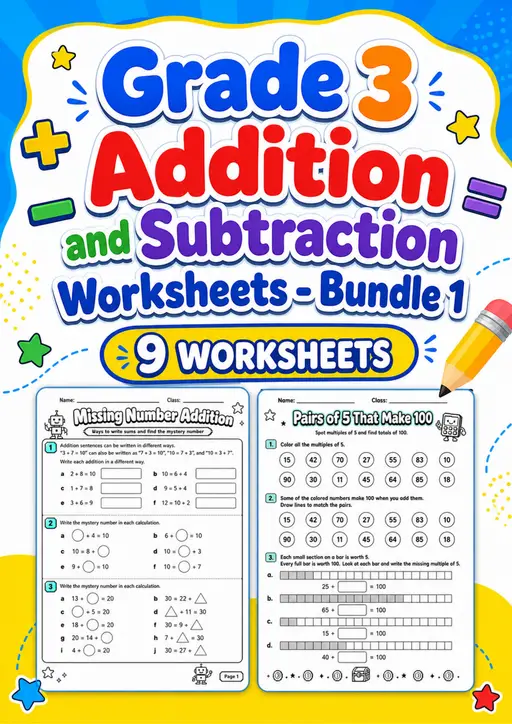 Grade 3 Addition and Subtraction Worksheets - Pack 1