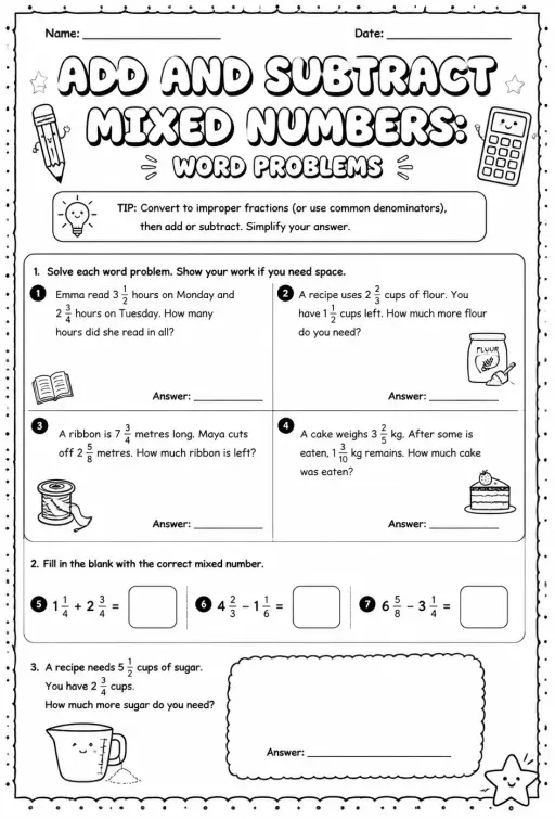 Add and subtract mixed numbers: word problems