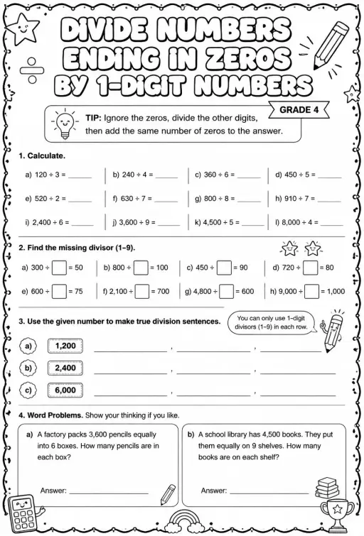 Divide numbers ending in zeros by 1-digit numbers