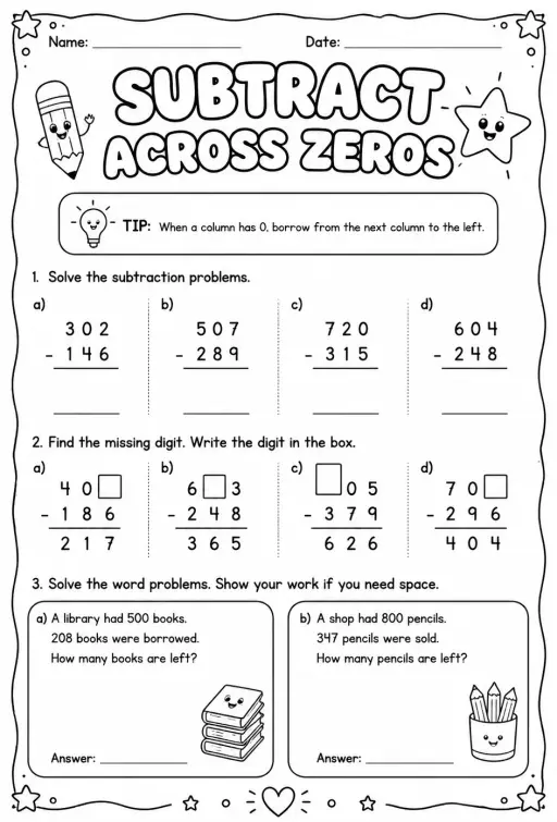 Subtract across zeros