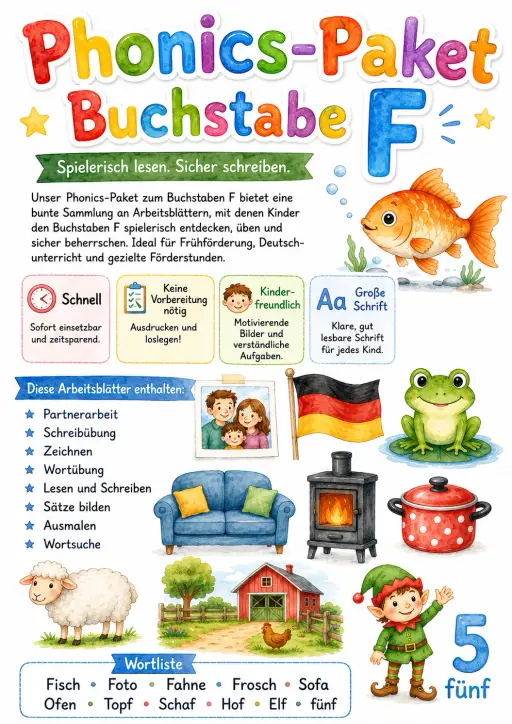 German Letter F Phonics Worksheets Pack