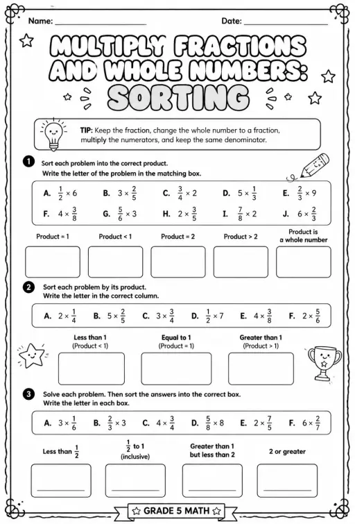 Multiply fractions and whole numbers: sorting